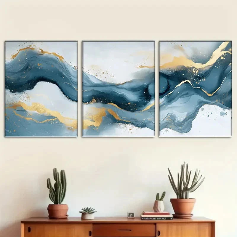3pcs Abstract Blue-Golden Wave Flowing Design Metal Print Ready to Hang Art - Bella Home Decor