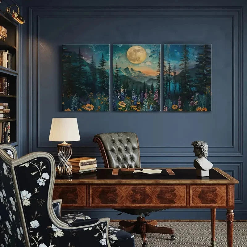 3pcs Moonlit Forest Landscape Floral Meadow Metal Print Ready to Hang Art - Bella Home Decor