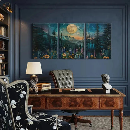 3pcs Moonlit Forest Landscape Floral Meadow Metal Print Ready to Hang Art - Bella Home Decor