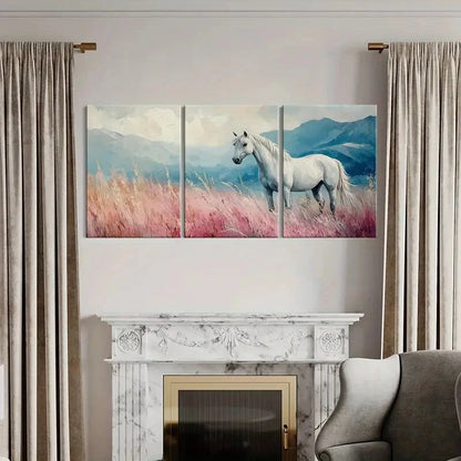 3pcs White Horse In Field Mountain Landscape Metal Print Ready to Hang Art - Bella Home Decor