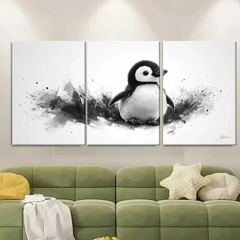 3pcs Black White Sketch Fluffy Penguin DI  Wall Art Set Canvas Framed 50x70cm - High Quality Print 100% Australian Made Wall Canvas Ready to Hang - Bella Home Decor