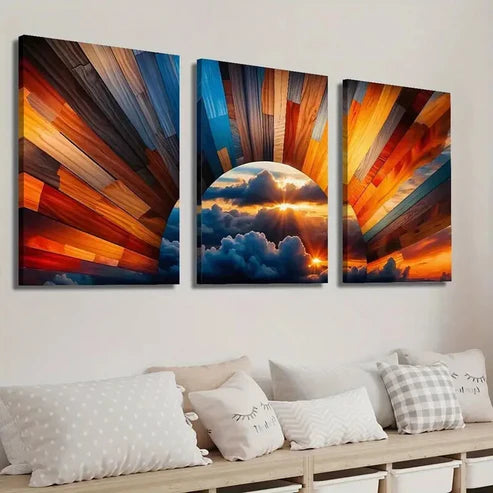 3pcs Cloudy Sunrise and Sunlight in the Sky Wall Art Set Canvas Unframed - High Quality Print 100% Australian Made Wall Canvas