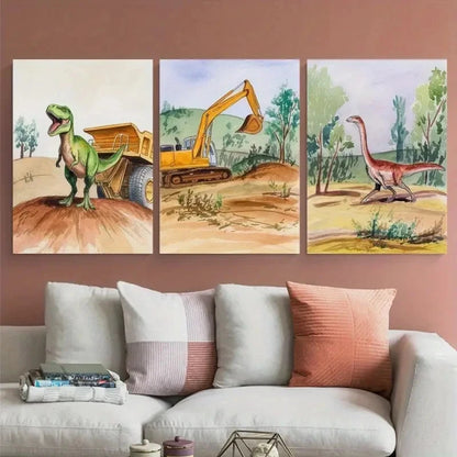 3pcs Dinosaurs Whimsical Prehistoric   Wall Art Set Canvas Framed 50x70cm - High Quality Print 100% Australian Made Wall Canvas Ready to Hang ( - Bella Home Decor