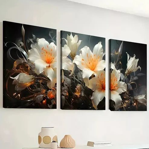 3pcs Featuring Floral Elegant White Painting Wall Art Canvas Unframed - High Quality Print 100% Australian Made Wall Canvas