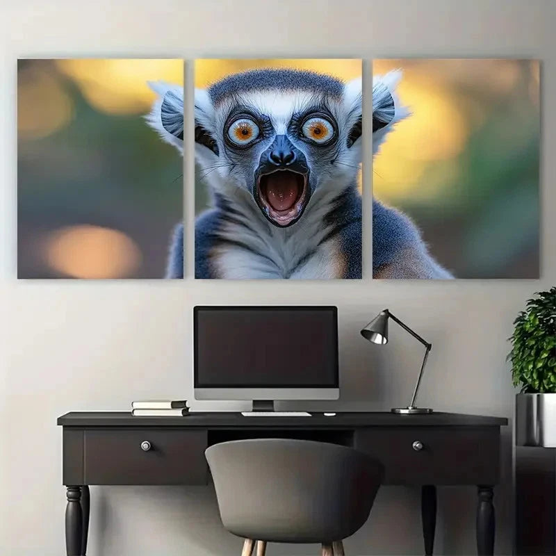 3pcs Shocked Ring Tailed Lemur Quirky Wildlife Wall Art Set Canvas Framed 60x90cm - High Quality Print 100% Australian Made Wall Canvas Ready to Hang