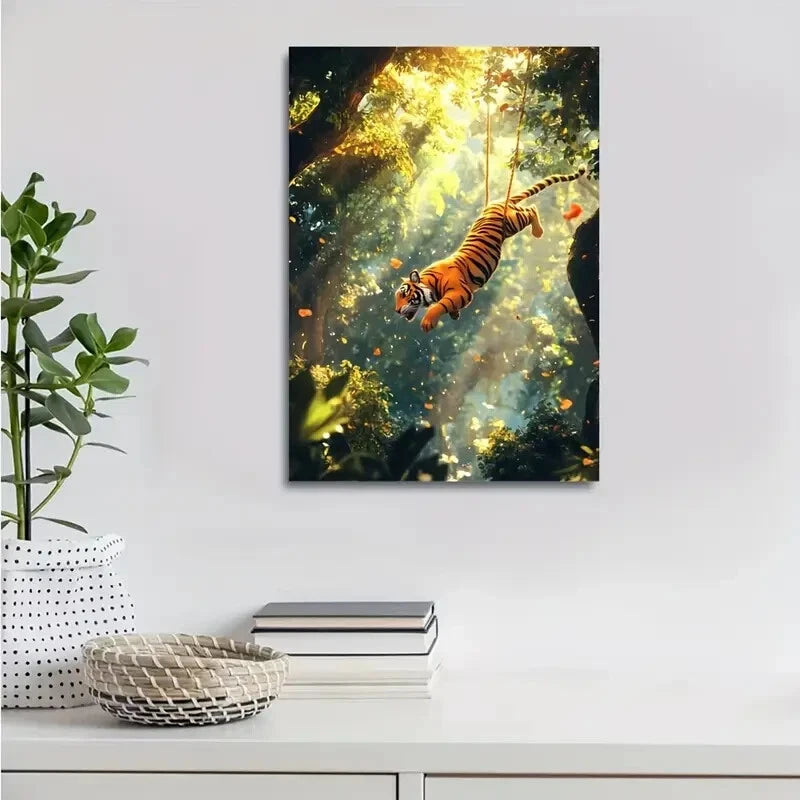 Cartoon Tiger Swinging in Magical Forest Painting 40x60cm Metal Print Ready to Hang