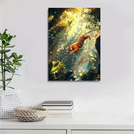 Cartoon Tiger Swinging in Magical Forest Painting 40x60cm Metal Print Ready to Hang