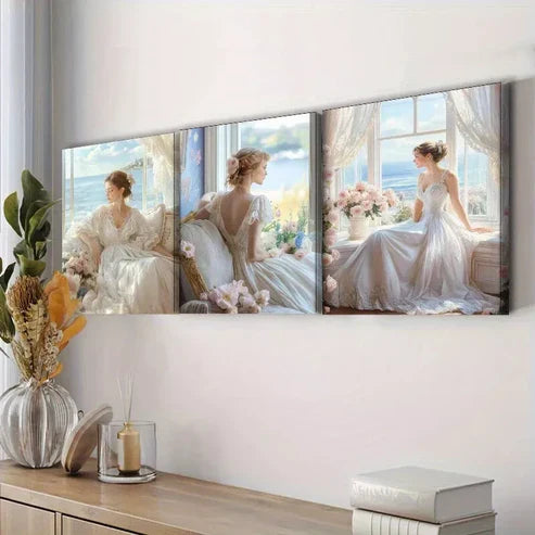 3pcs Woman In A White Dress Sitting By a Window  Wall Art Set Canvas Unframed - High Quality Print 100% Australian Made Wall Canvas