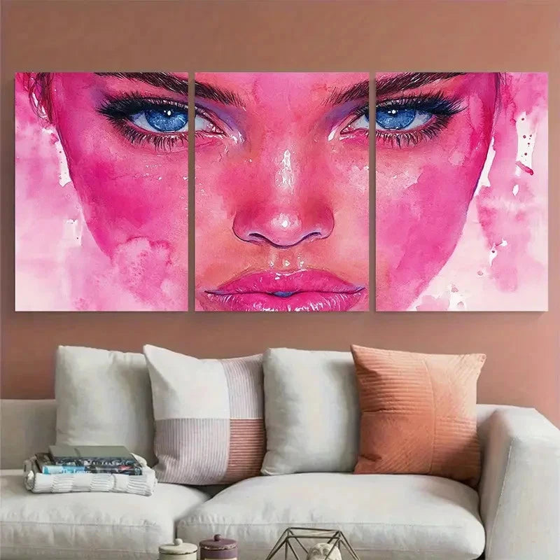 3pcs Pink Abstract Woman Face Watercolor Fashion Metal Print Ready to Hang Art - Bella Home Decor