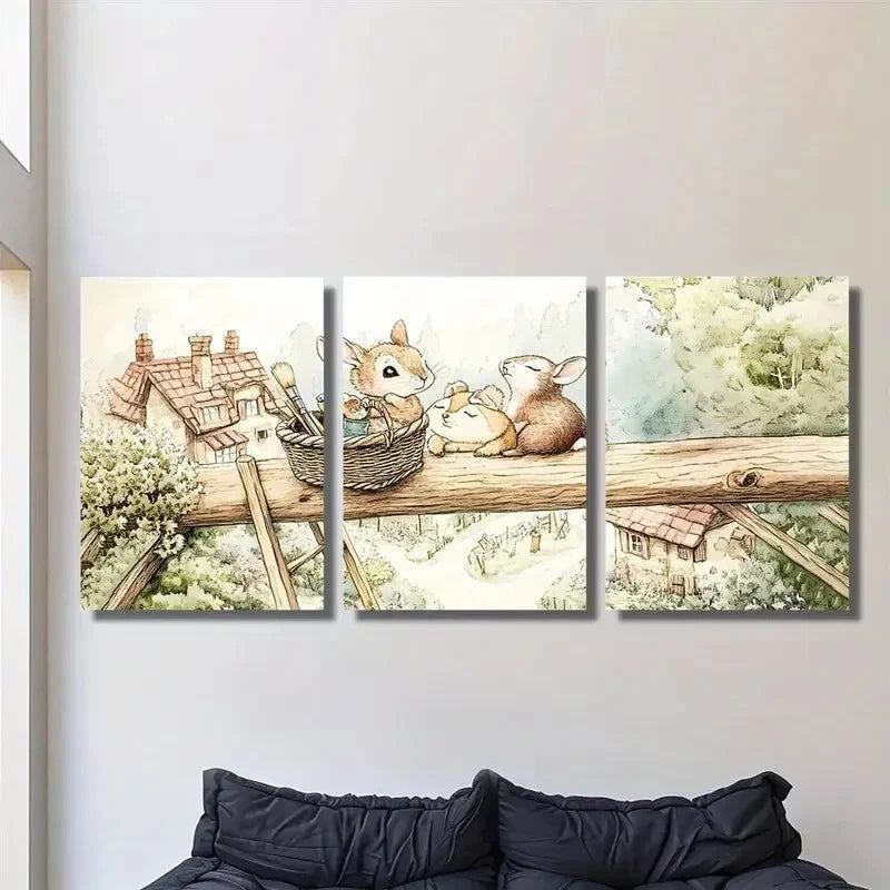 3pcs Jungle Animal Rabbit Art Painting Metal Print Ready to Hang Art