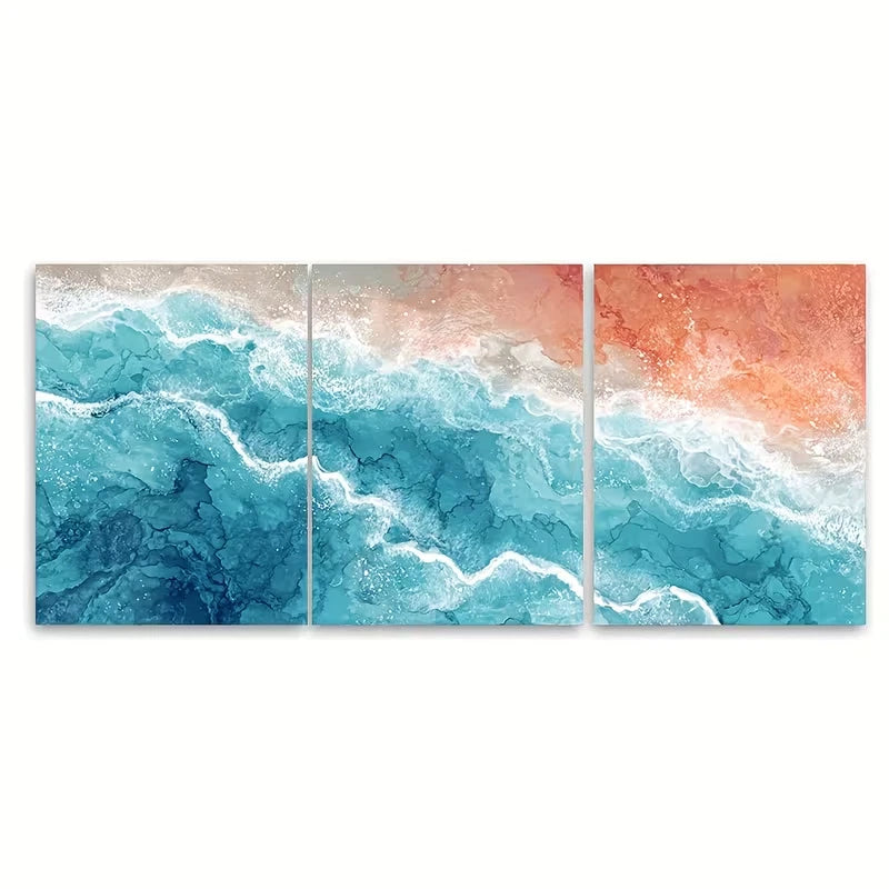 3pcs Ocean Aqua Blue and Orange Sea Shore Metal Print Ready to Hang Art