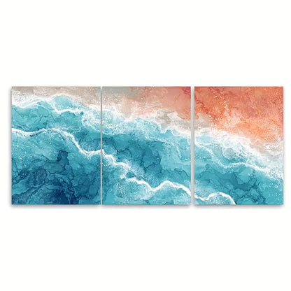 3pcs Ocean Aqua Blue and Orange Sea Shore Metal Print Ready to Hang Art