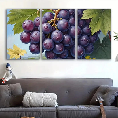 3pcs Vibrant Purple Grapes And Green Leaves Wall Art Set Canvas Framed 50x70cm - High Quality Print 100% Australian Made Wall Canvas Ready to Hang