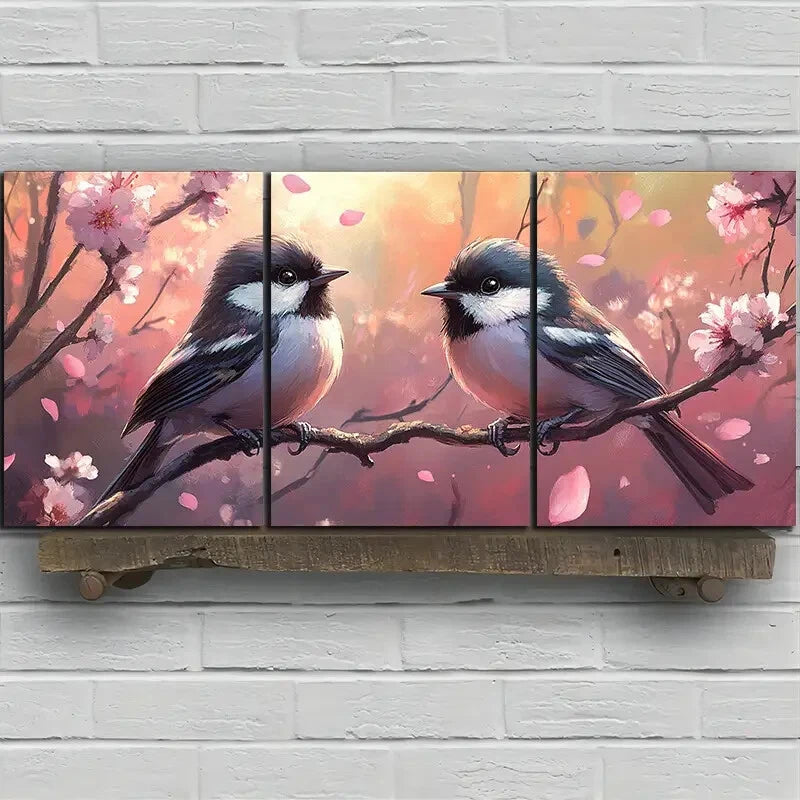 3pcs Birds On Branches Amidst Flowers Metal Print Ready to Hang Art - Bella Home Decor