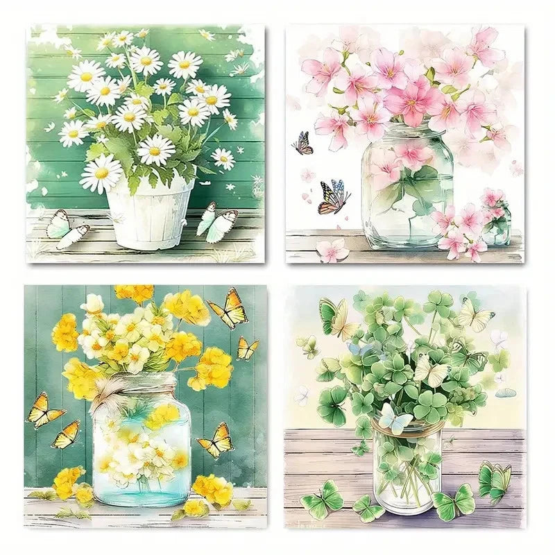 4pcs Daisies, Pink Flowers & Clover Wall Art Canvas Framed