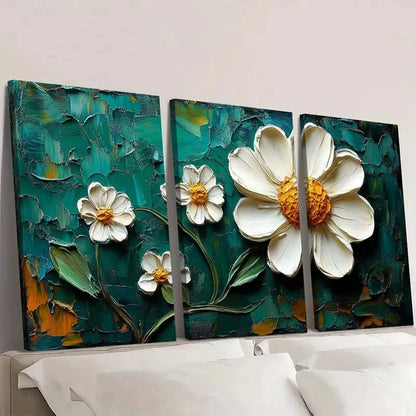 3pcs White Daisy & Green Leaves on Dark Green   Wall Art Set Canvas Framed 60x90cm - High Quality Print 100% Australian Made Wall Canvas Ready to Hang - Bella Home Decor