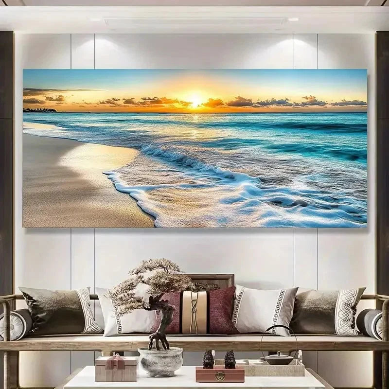 Modern Coastal Scene Vibrant Wall Art Canvas Office Home Room Framed 120x60cm