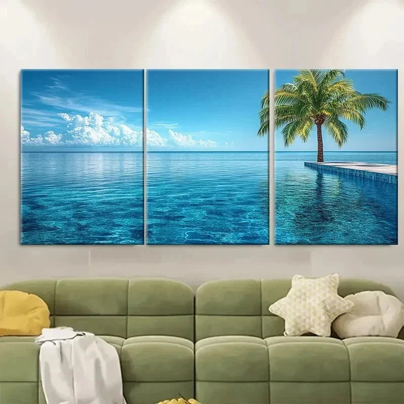 3pcs Tranquil Palm Tree Infinity Pool   Wall Art Set Canvas Framed 40x60cm - High Quality Print 100% Australian Made Wall Canvas Ready to Hang