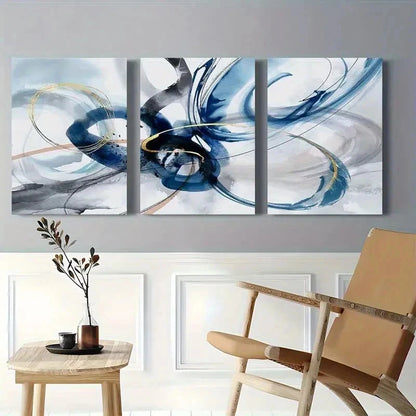 3pcs Modern Abstract Blue Golden Brush Wall Art Set Canvas Framed 40x60cm - High Quality Print 100% Australian Made Wall Canvas Ready to Hang