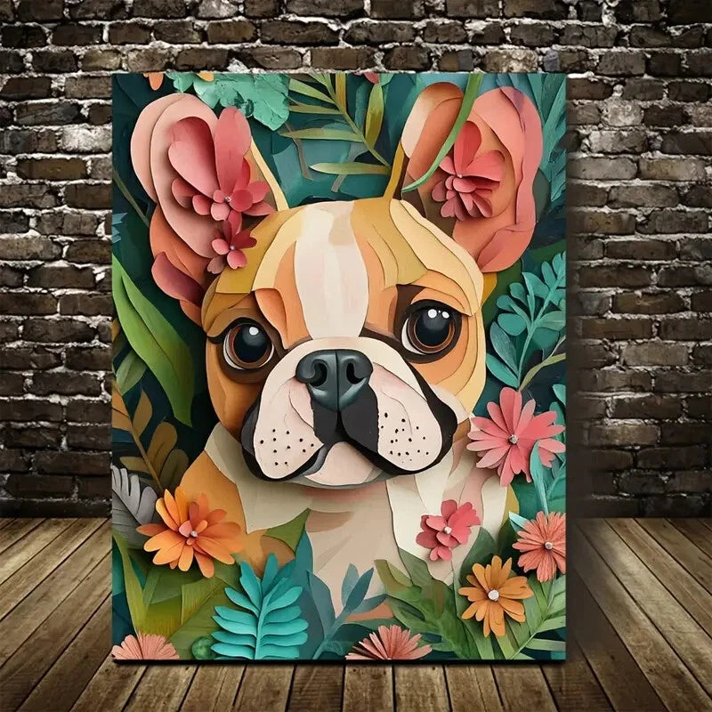Cute Bulldog with Vibrant Floral & Leaf Painting 40x60cm Metal Print Ready to Hang