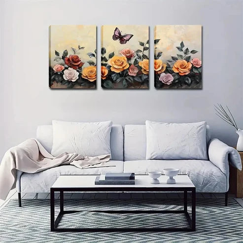 3pcs Pink Yellow Red Vintage Floral Natural Wall Art Set Canvas Unframed - High Quality Print 100% Australian Made Wall Canvas