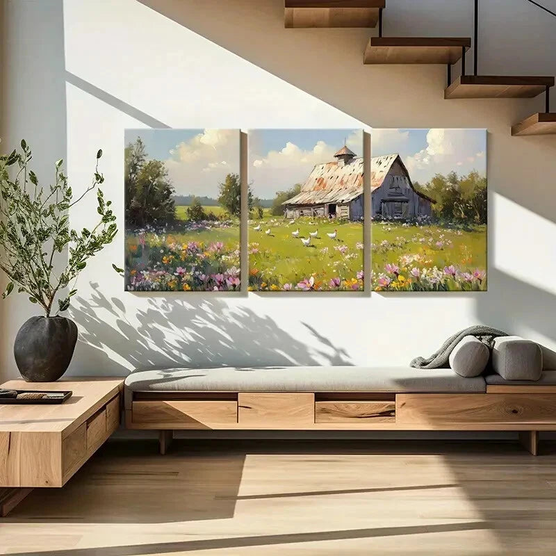 3pcs Vintage Farmhouse Scene with Wildflowers Metal Print Ready to Hang Art - Bella Home Decor
