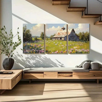 3pcs Vintage Farmhouse Scene with Wildflowers Metal Print Ready to Hang Art - Bella Home Decor