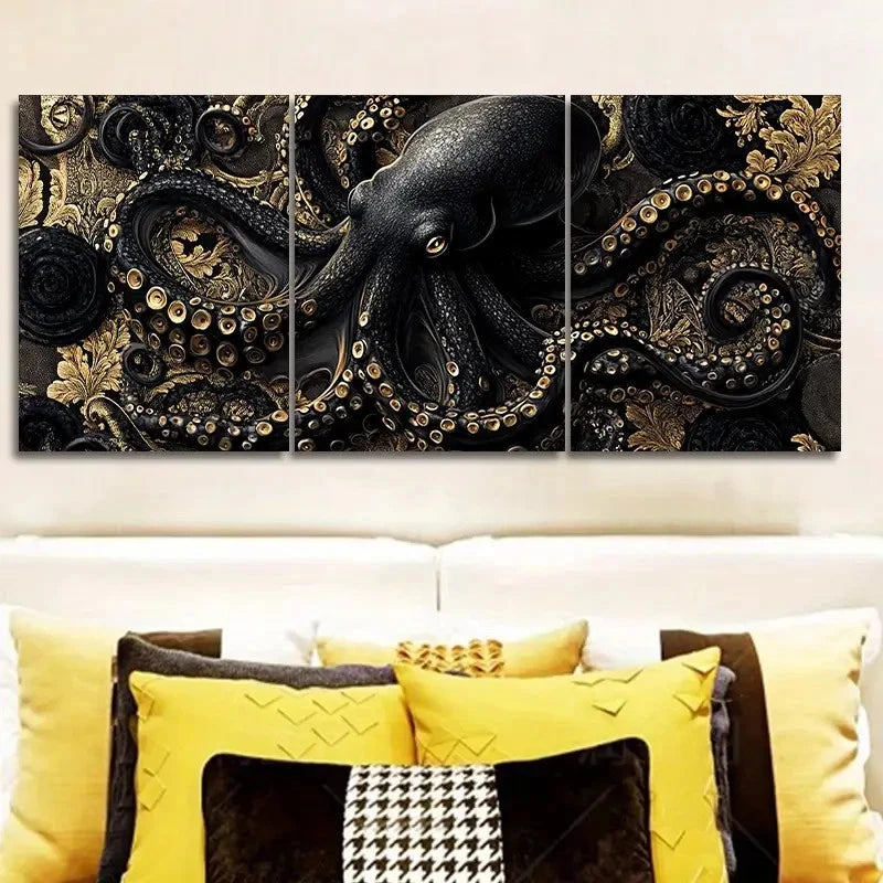 3pcs An Ornate Black And Gold Octopus Painting Wall Art Set Canvas Framed 60x90cm - High Quality Print 100% Australian Made Wall Canvas Ready to Hang - Bella Home Decor
