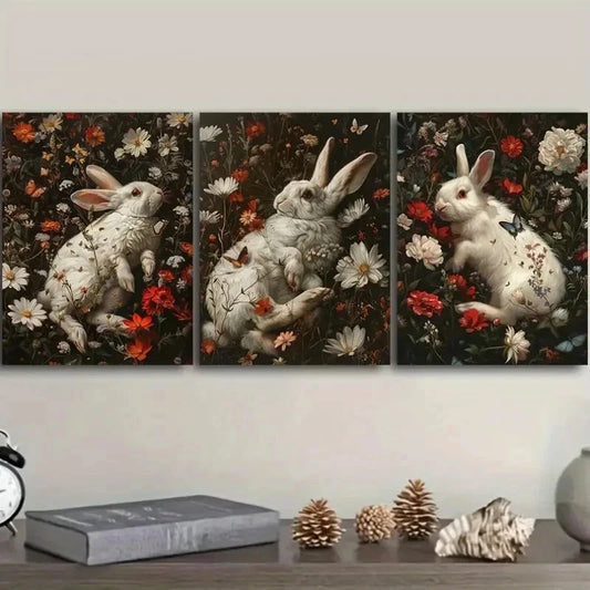 3pcs Whimsical Rabbit & Floral Design Wall Art Set Canvas Framed 40x60cm - High Quality Print 100% Australian Made Wall Canvas Ready to Hang