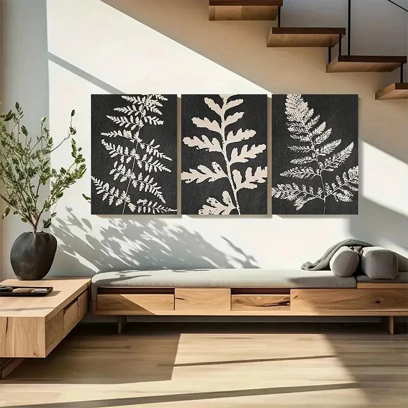 3pcs Black Tan Fern Leaf Botanical Illustrations Metal Print Ready to Hang Art