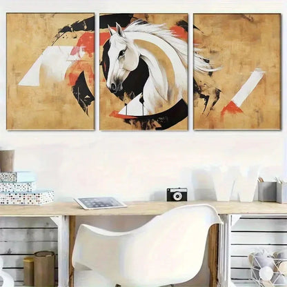 3pcs Abstract Horse Golden Accents and Black Metal Print Ready to Hang Art - Bella Home Decor