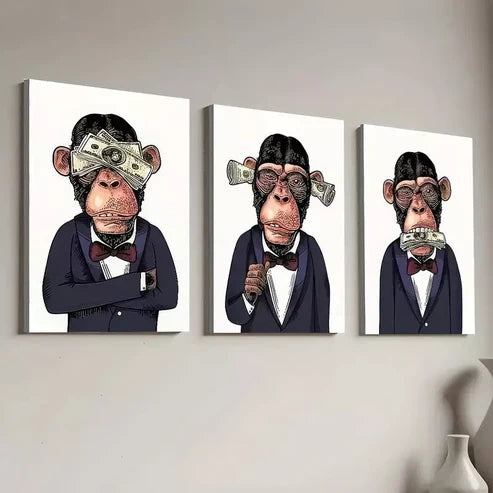 3pcs Modern Aesthetic Fashion Monkey Gentleman Canvas Unframed - High Quality Print 100% Australian Made Wall Canvas