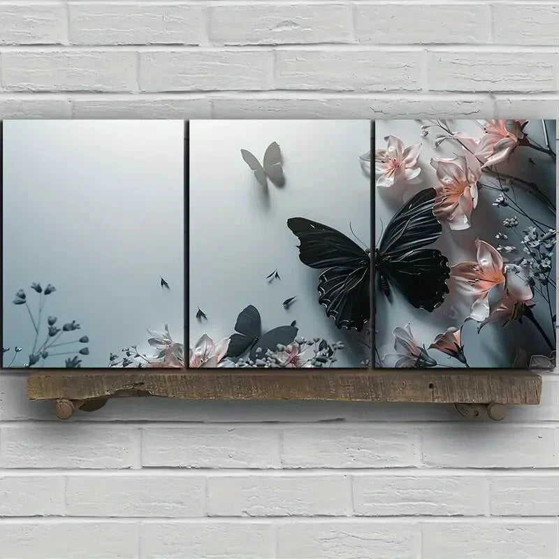 3pcs Black Butterfly White Flowers Leaves Metal Print Ready to Hang Art