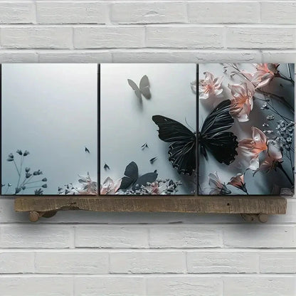 3pcs Black Butterfly White Flowers Leaves Metal Print Ready to Hang Art