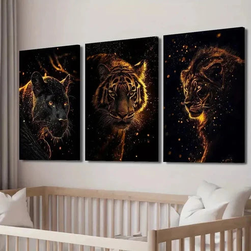 3pcs Golden Flare Lion Tiger & Panther Wall Art Set Canvas Unframed - High Quality Print 100% Australian Made Wall Canvas - Bella Home Decor