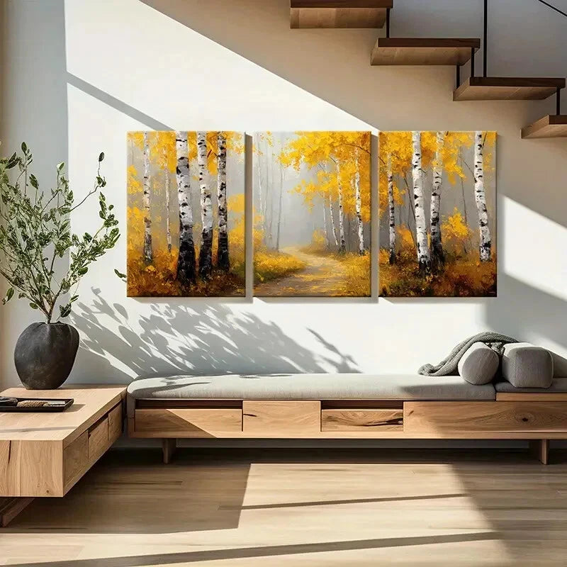 3pcs Autumn Birch Forest Pathway Warm Yellow Metal Print Ready to Hang Art - Bella Home Decor