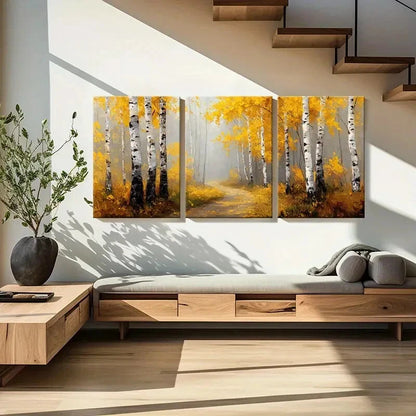 3pcs Autumn Birch Forest Pathway Warm Yellow Metal Print Ready to Hang Art - Bella Home Decor
