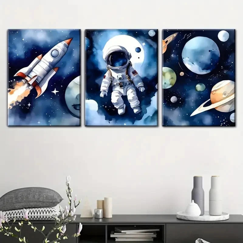 3pcs Cartoon Astronauts and Outer Space Painting Metal Print Ready to Hang Art - Bella Home Decor