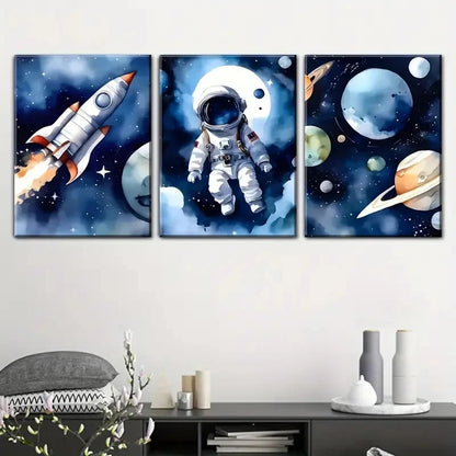 3pcs Cartoon Astronauts and Outer Space Painting Metal Print Ready to Hang Art - Bella Home Decor