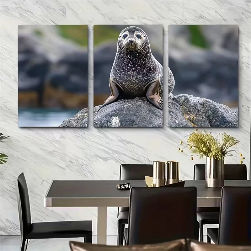 3pcs Curious Seal Perched on Rock Metal Print Ready to Hang Art - Bella Home Decor