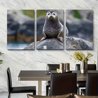 3pcs Curious Seal Perched on Rock Metal Print Ready to Hang Art - Bella Home Decor