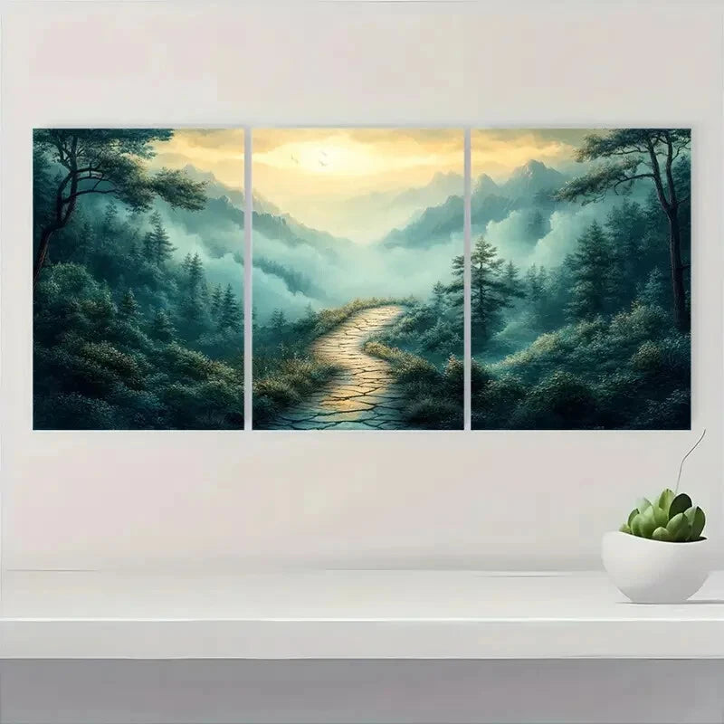 3pcs Serene Green Wilderness & Misty Mountains Metal Print Ready to Hang Art - Bella Home Decor