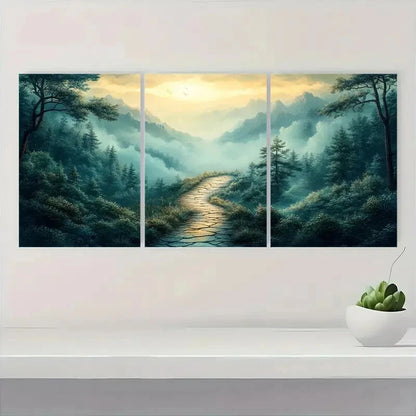 3pcs Serene Green Wilderness & Misty Mountains Metal Print Ready to Hang Art - Bella Home Decor