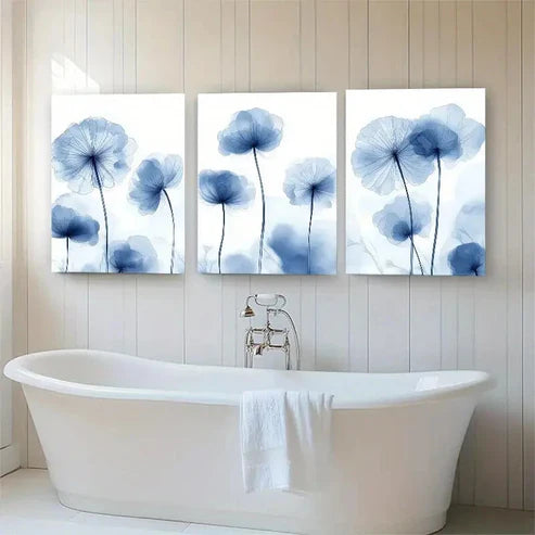 3pcs Elegant Blue Floral Minimalist Soft Perfect Wall Art Canvas Unframed - High Quality Print 100% Australian Made Wall Canvas