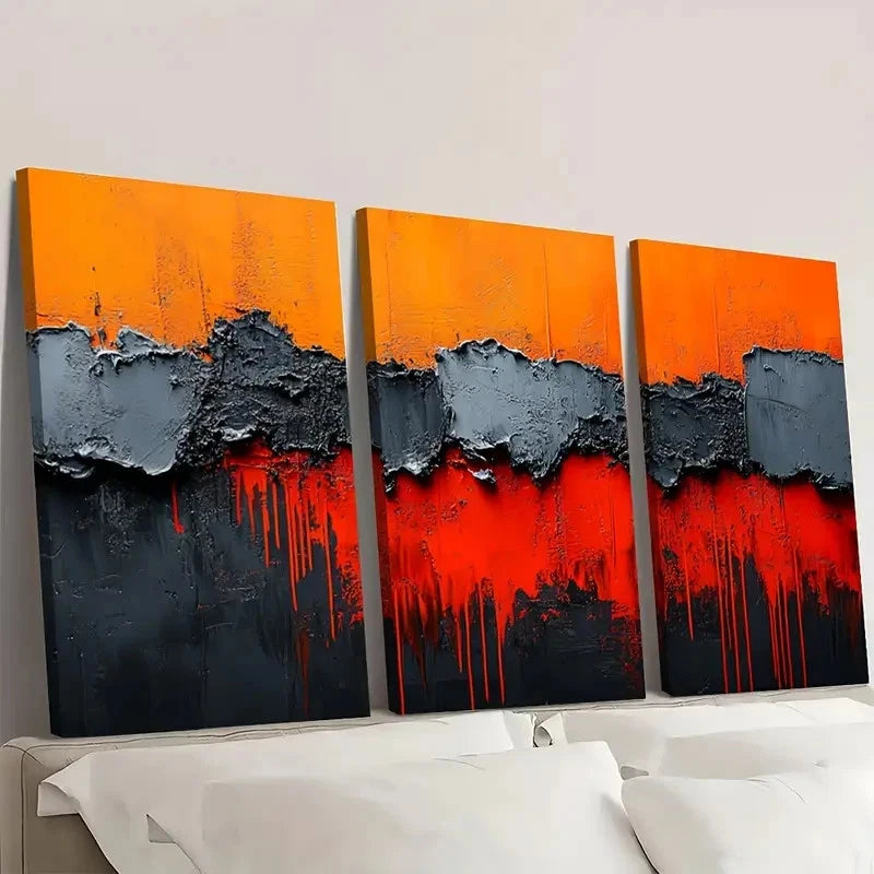 3pcs Red Orange & Black cracked Design Wall Art Set Canvas Framed 50x70cm - High Quality Print 100% Australian Made Wall Canvas Ready to Hang - Bella Home Decor