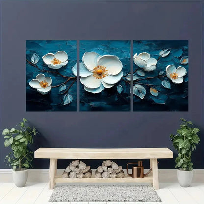 3pcs Floral Abstract Oil Paintings White Flowers Metal Print Ready to Hang Art - Bella Home Decor