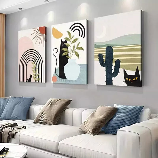 3pcs Minimalist Cats, Geometric Lines & Celestial Wall Art Set Canvas Framed 50x70cm - High Quality Print 100% Australian Made Wall Canvas Ready to Hang