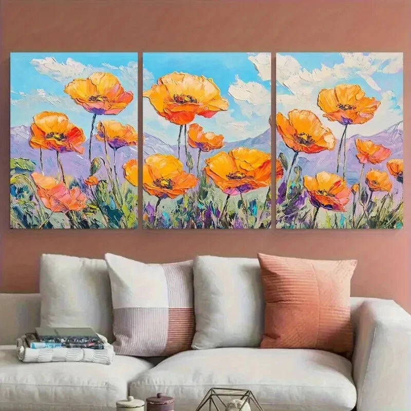 3pcs Vibrant California Poppies Fields Landscape Metal Print Ready to Hang Art - Bella Home Decor