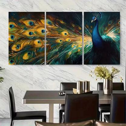 3pcs Vibrant Peacock Feathers Metal Print Ready to Hang Art