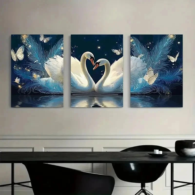 3pcs Romantic Swan Love Painting with Heart-Shape Metal Print Ready to Hang Art - Bella Home Decor